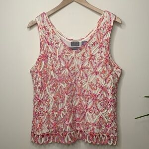 Sigrid Olsen Pink White Silk Lined Hand Knit Woven Beaded V Neck Camisole Top L
